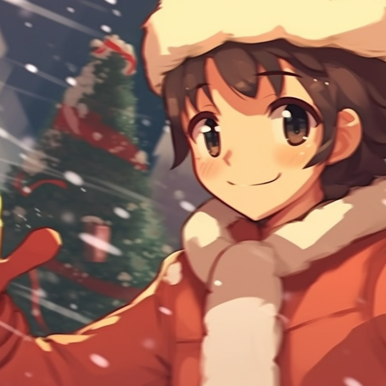 Exciting aura around two characters, their eyes locked while exchanging gifts in a warm orange setting. unique matching orange christmas pfp pfp for discord.