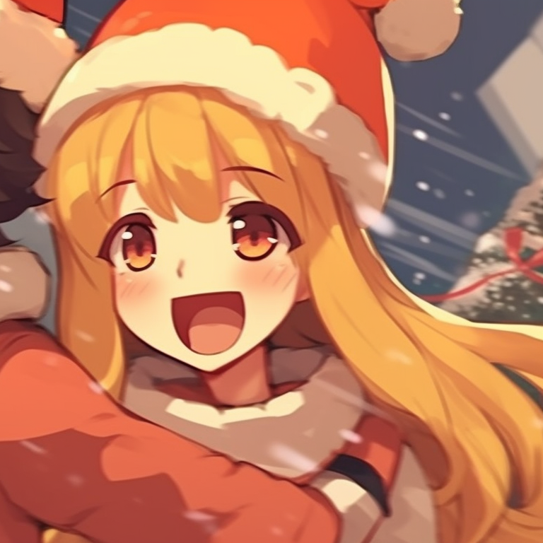 Exciting aura around two characters, their eyes locked while exchanging gifts in a warm orange setting. unique matching orange christmas pfp pfp for discord.