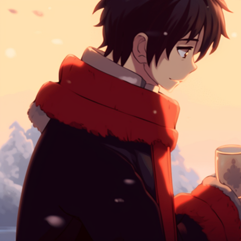 Two characters huddled in a glowing light, one handing a hot beverage to the other amidst a serene snowy landscape. perfect matching gif christmas pfp pfp for discord.