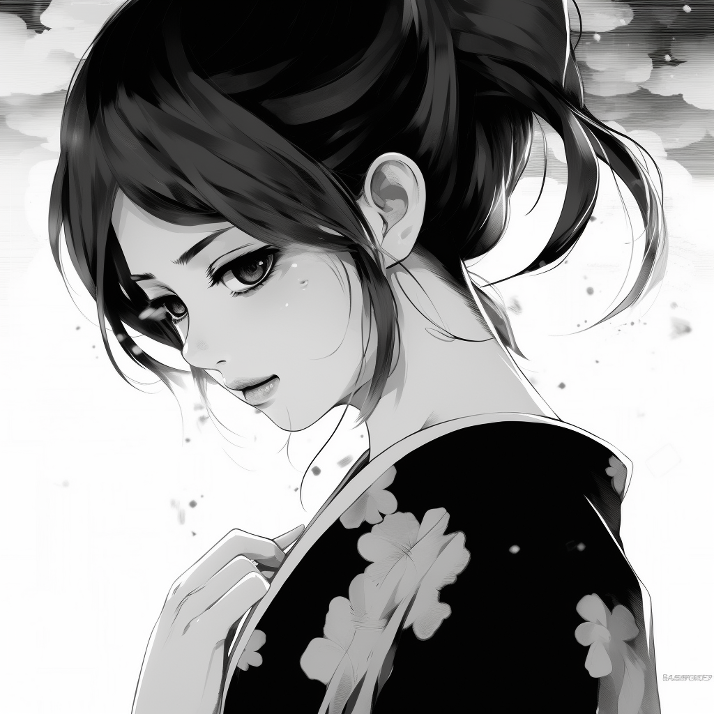Monochrome portrait of an anime girl, the detailed eyes and flowing hair portray a sense of melancholy. anime profile picture black and white female