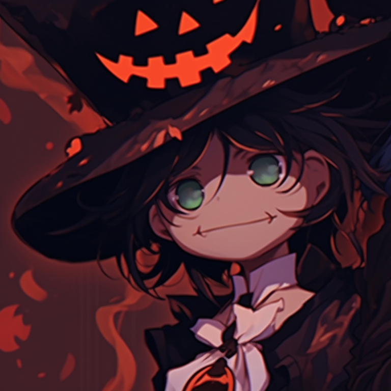 Two characters with witch motifs, intricate detailing on the outfits and a dark, mysterious background. matching anime pfp gif halloween theme collection pfp for discord.