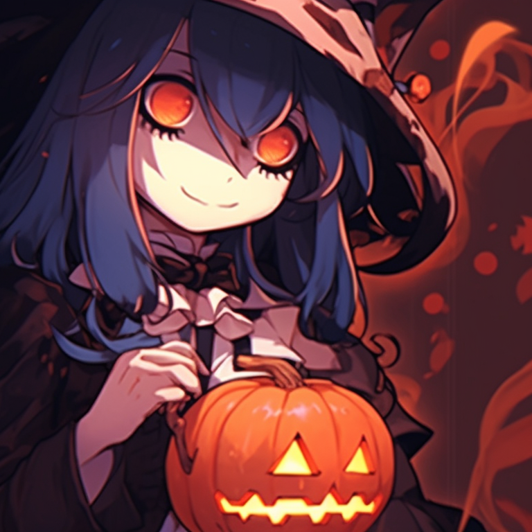 Two characters with witch motifs, intricate detailing on the outfits and a dark, mysterious background. matching anime pfp gif halloween theme collection pfp for discord.