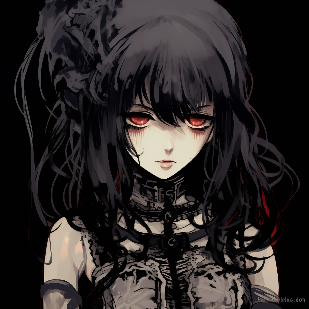Anime character featuring Victorian Gothic fashion, including complex ruffled clothing and brooding elements of antique finery. anime girl goth pfp