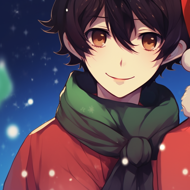 Two anime characters holding hands, starry background and holiday motifs. gorgeous matching christmas pfp anime pfp for discord.