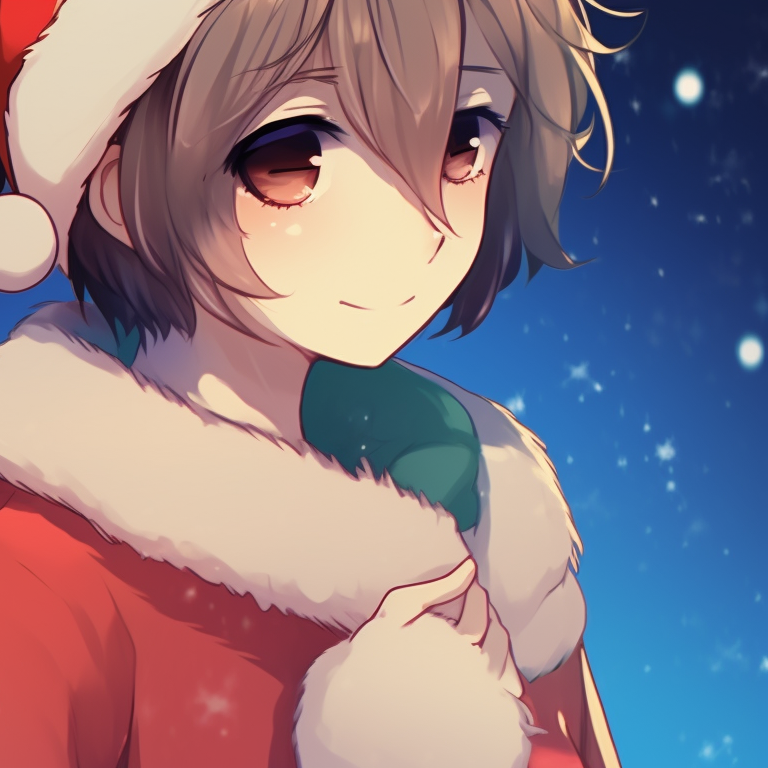 Two anime characters holding hands, starry background and holiday motifs. gorgeous matching christmas pfp anime pfp for discord.
