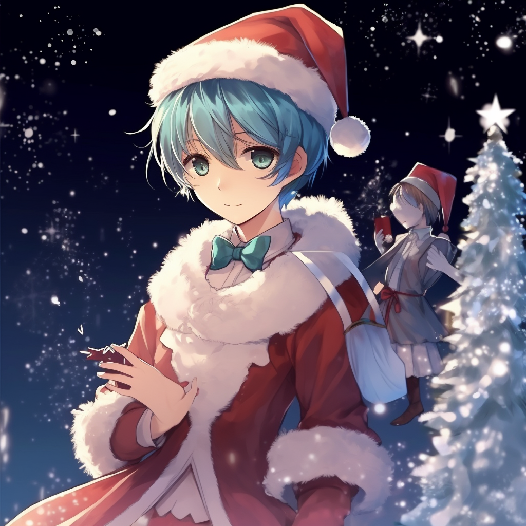Full body view of Miku in her Christmas dress, featuring frills and bows. christmas anime pfp