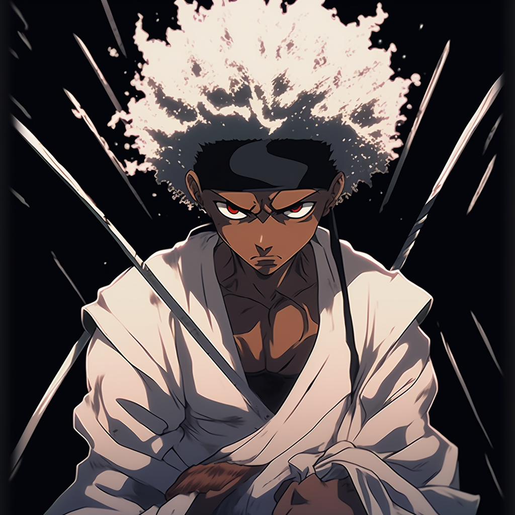 Afro Samurai in a battle stance, detailed shading and bold lines. enticing male black anime characters pfp