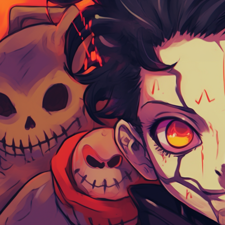 Tanjiro in a skeleton costume, strong lines, expressive face. tanjiro x kanao with halloween theme pfp pfp for discord.