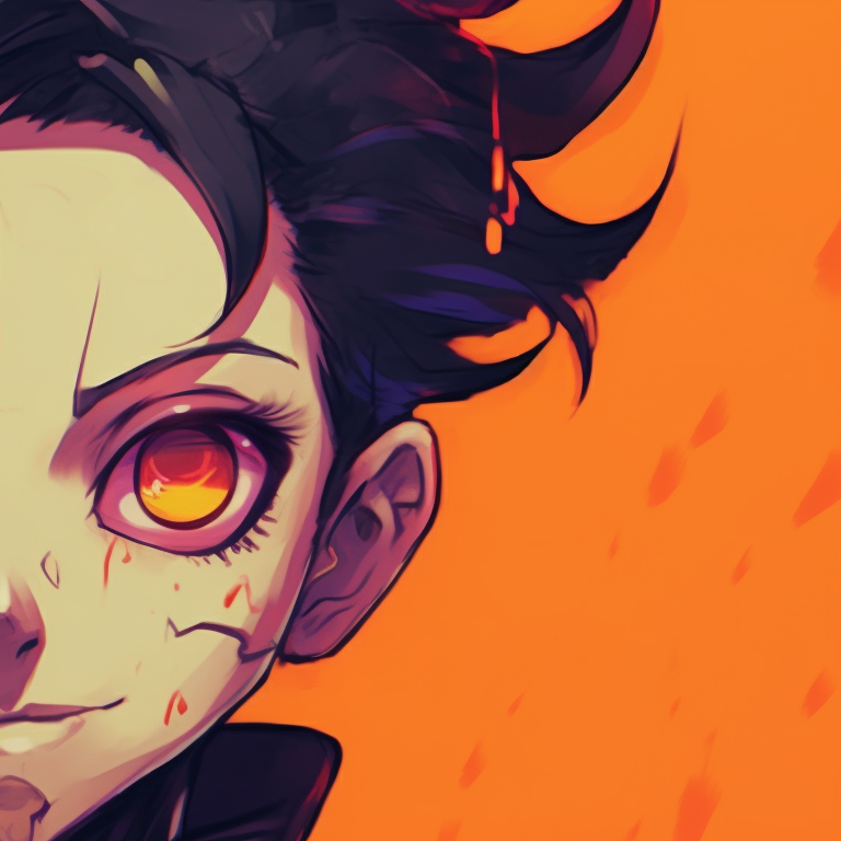 Tanjiro in a skeleton costume, strong lines, expressive face. tanjiro x kanao with halloween theme pfp pfp for discord.