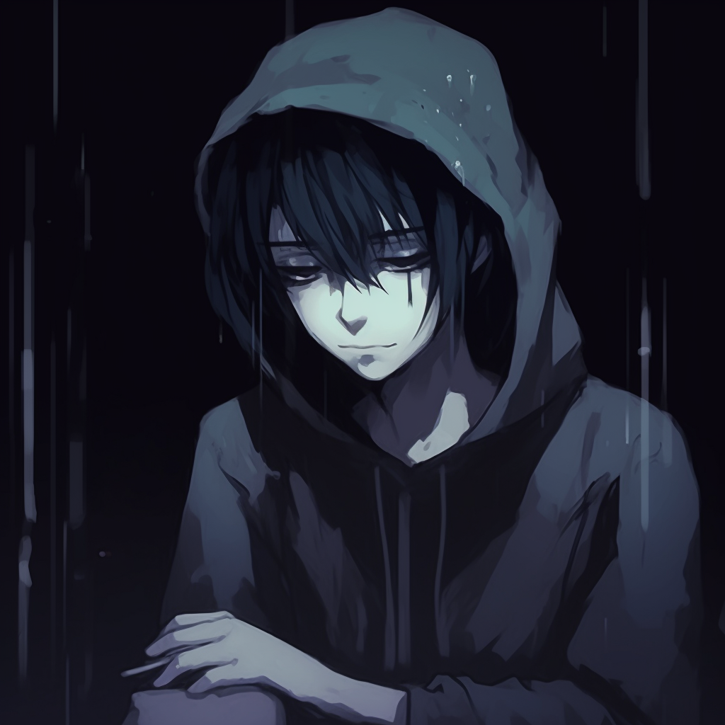 Depressed anime character mirroring the state of melancholy, characterized by muted colors and stark linework. anime depressed pfp: unique variants pfp for discord.