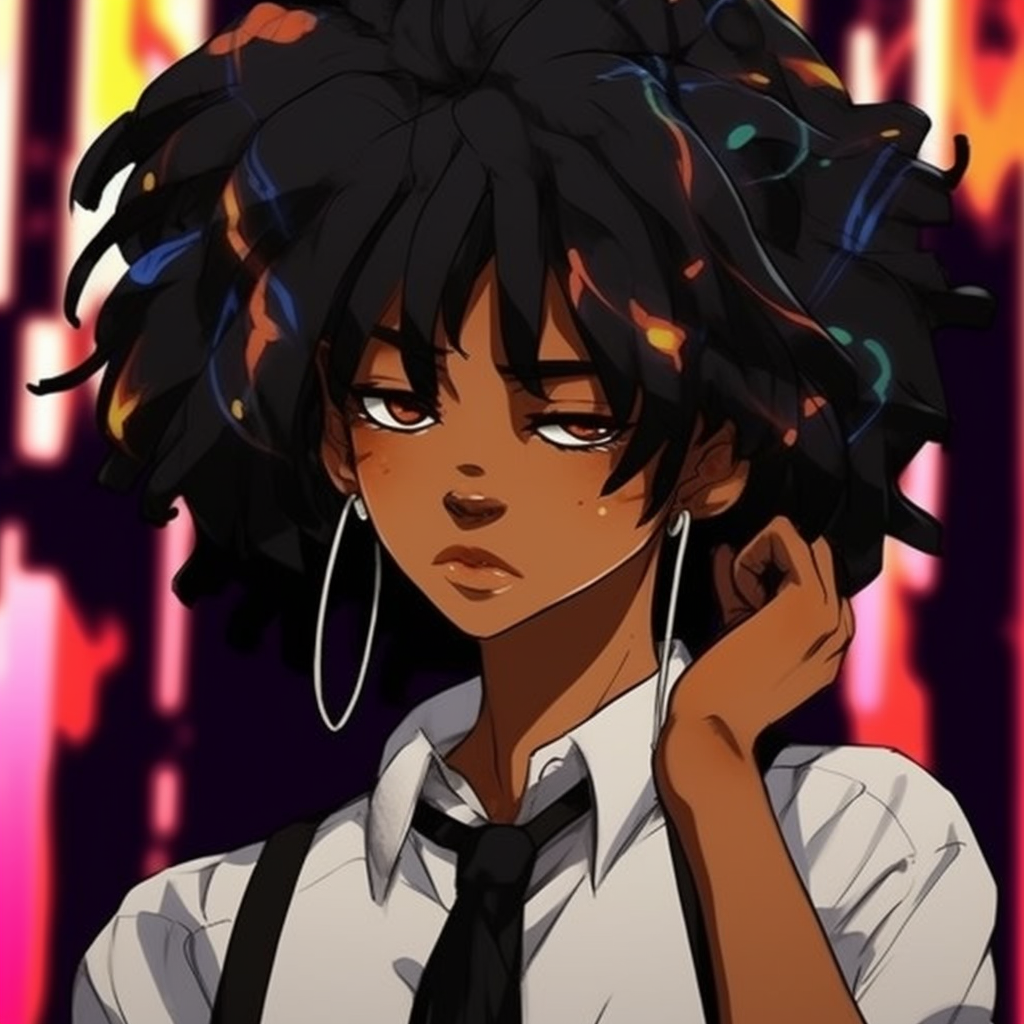 Black anime character featuring a highly detailed outfit, numerous colors and textures. creative black anime girl characters pfp