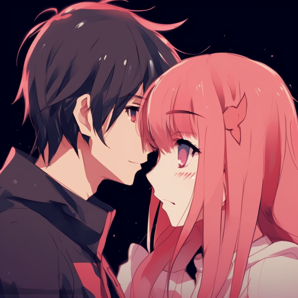 Zero Two and Hiro staring at each other, strong bond illustrated through shared gaze, vibrant hues. anime matching pfp couple ideas