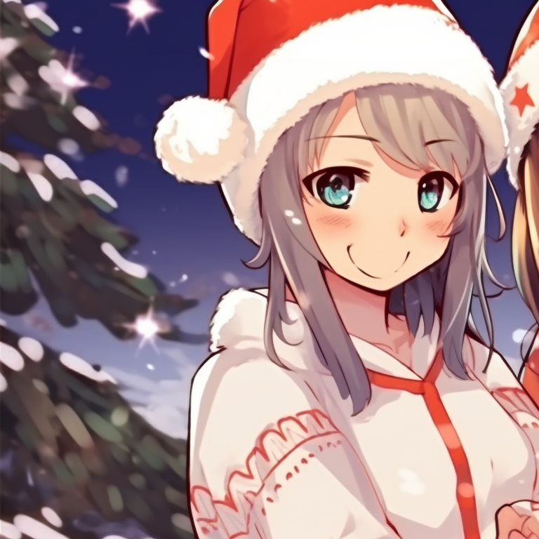 Two characters, warm expressions, wearing knit winter hats. trending preppy christmas pfp matches pfp for discord.