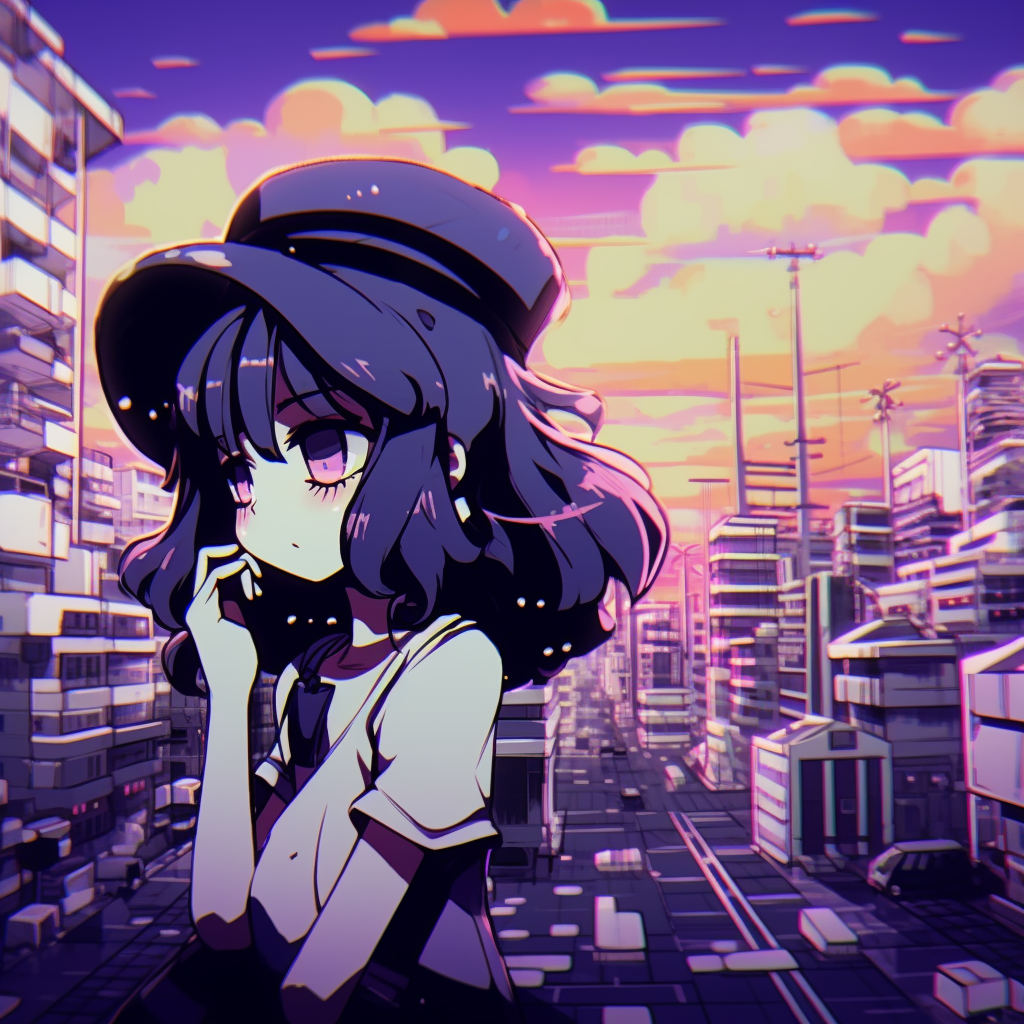 Cyberpunk anime city depiction, featuring futuristic buildings and colorfully illuminated streets. examples of aesthetic anime pfp anime pfp