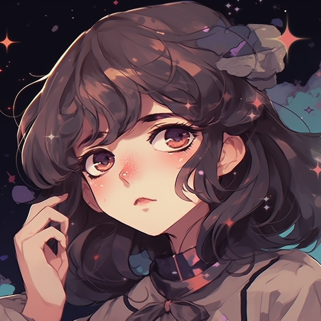 Anime girl with galaxy-hued hair and space-themed attire, characterized by a shimmering gradient and intricate linework. trendy aesthetic cute anime pfp pfp for discord.