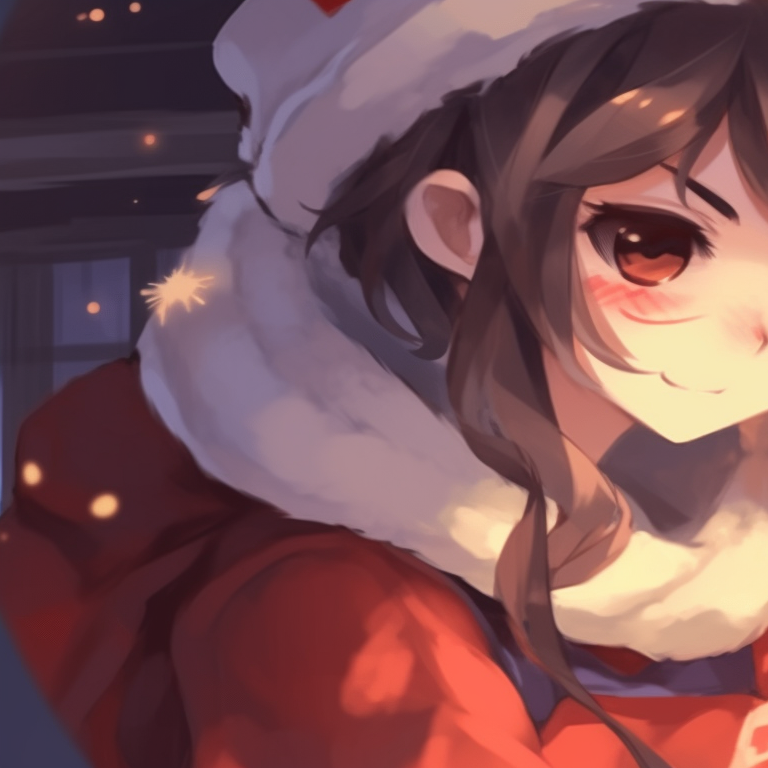 Hu Tao and another character sitting comfortably by a holiday hearth, soft lighting and cozy color palette. top matching hu tao christmas pfp pfp for discord.