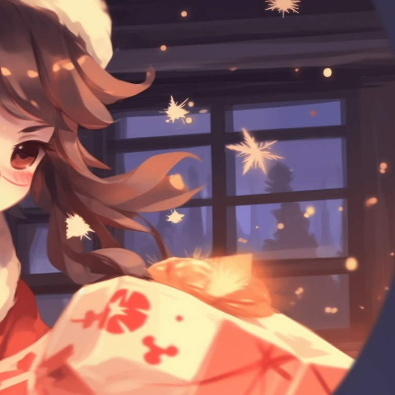 Hu Tao and another character sitting comfortably by a holiday hearth, soft lighting and cozy color palette. top matching hu tao christmas pfp pfp for discord.