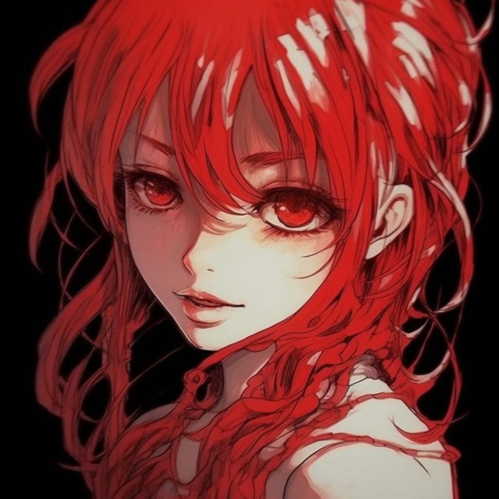 Vibrant ruby-red haired anime girl with detailed linework and soft shading. beautiful red anime girl pfp