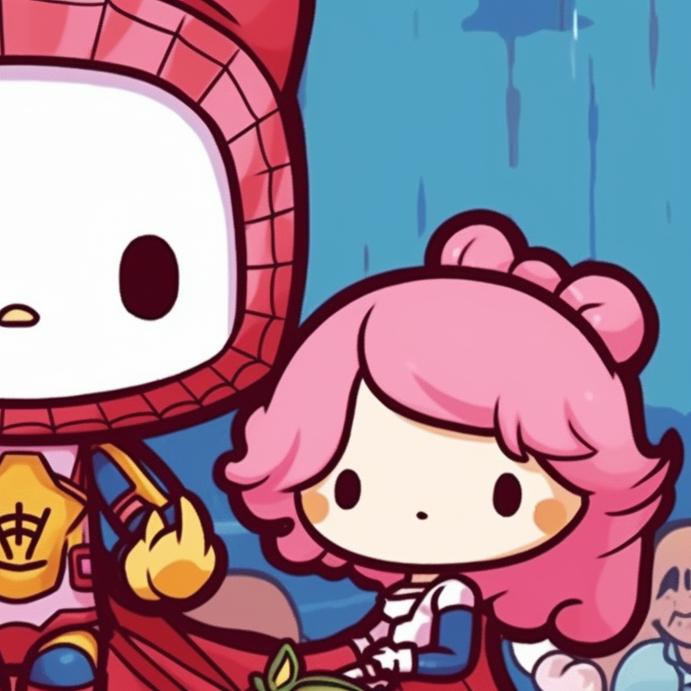 Hello Kitty and a superhero, with a dreamy background and clean linework. hello kitty and superheroes matching pfp pfp for discord.