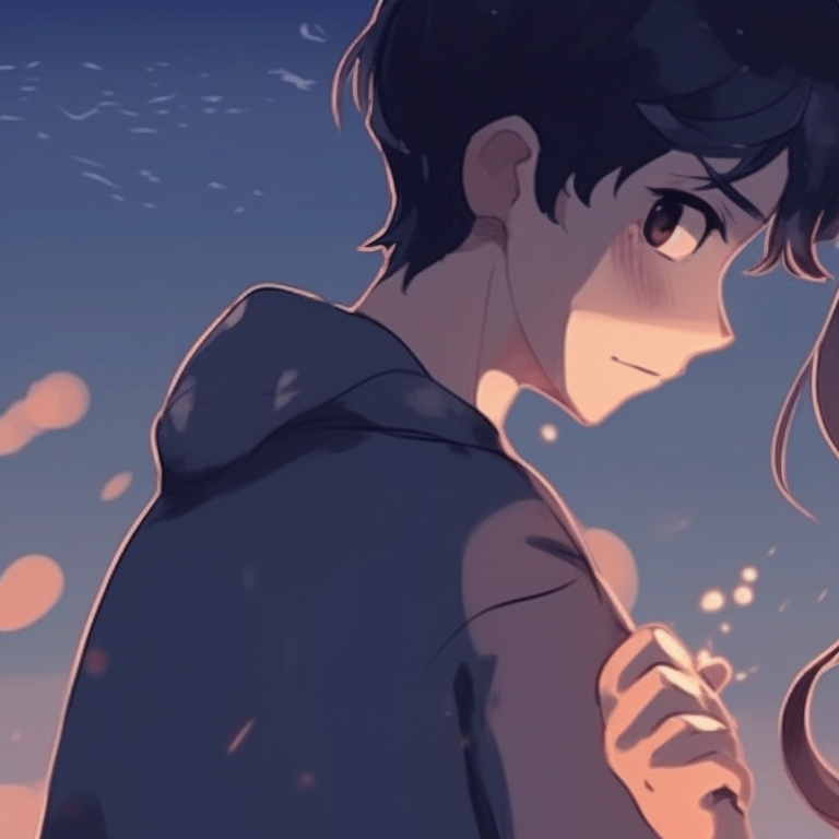Two characters sharing a moment during sunset, warm hues with detailed expression. cute couple's matching pfp pfp for discord.