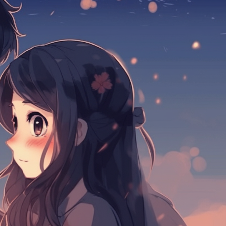 Two characters sharing a moment during sunset, warm hues with detailed expression. cute couple's matching pfp pfp for discord.