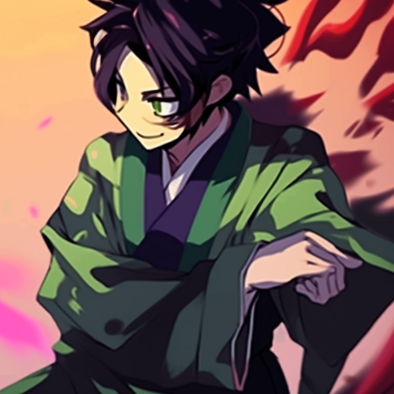 Close-up of two characters, highly detailed features and intense expressions. charming demon slayer matching pfp set pfp for discord.