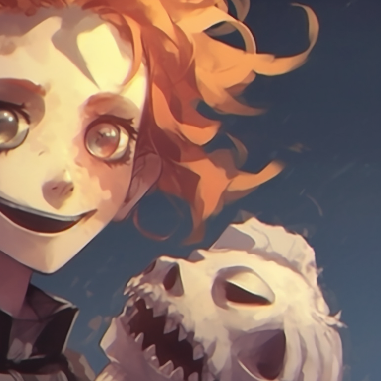 Two characters snuggling close, in a cozy and dimly lit corner with jack-o-lanterns in the background. non anime matching halloween theme profiles pfp for discord.