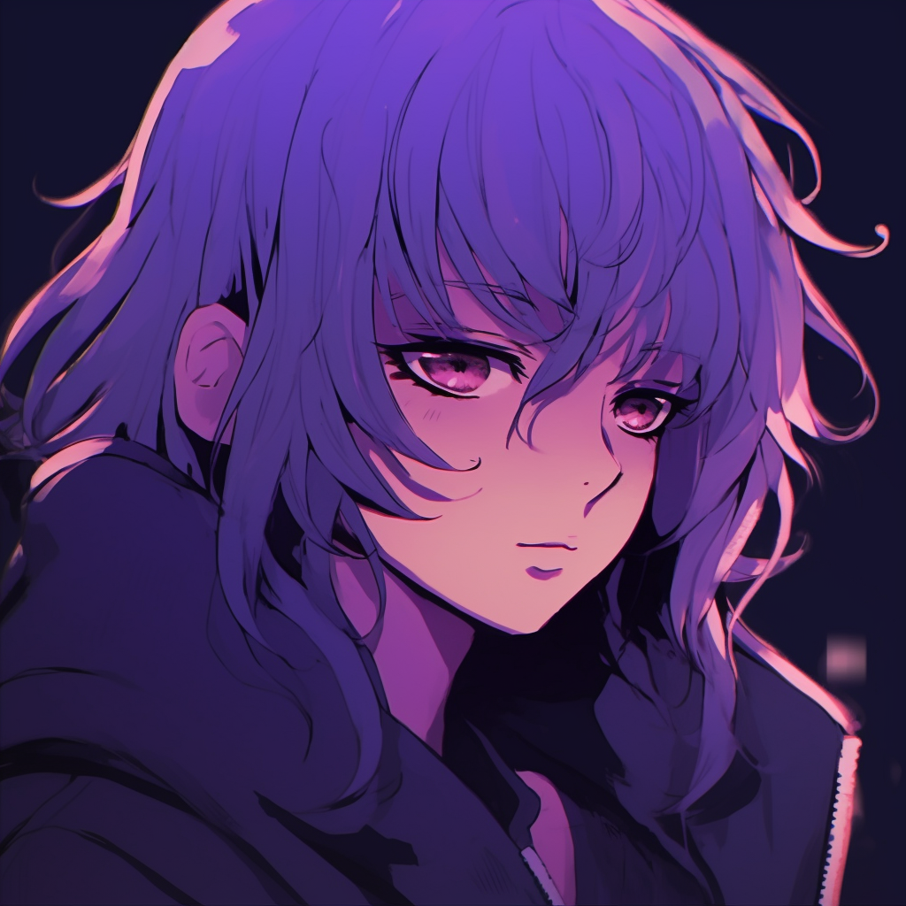 Gloomy expression on a character with wavy purple hair, soft shading and faint glow effect. purple anime male pfp pfp for discord.