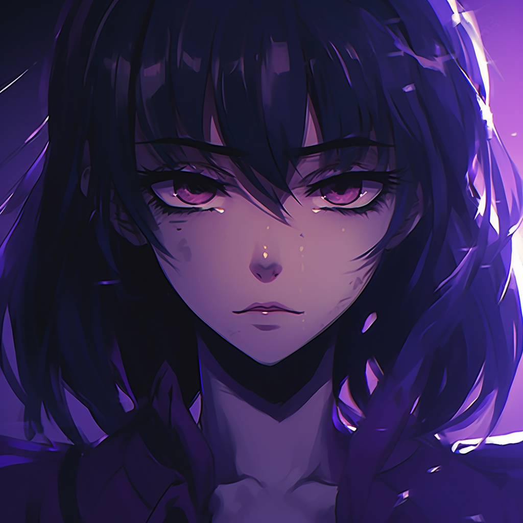 Anime girl character with magnetic violet eyes, detailed character design and compelling gaze. mesmerizing purple anime girls