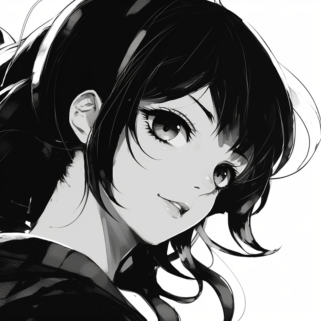Upper body portrait of an anime girl with vintage feel, her fluttering hair and delicate eyelashes are prominently outlined. anime profile picture black and white female