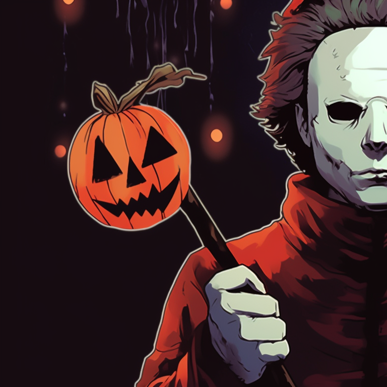 Michael Myers against a snowy backdrop, warm lights inside the windows behind, a chilling contrast to his menacing figure. festive michael myers pfp pfp for discord.