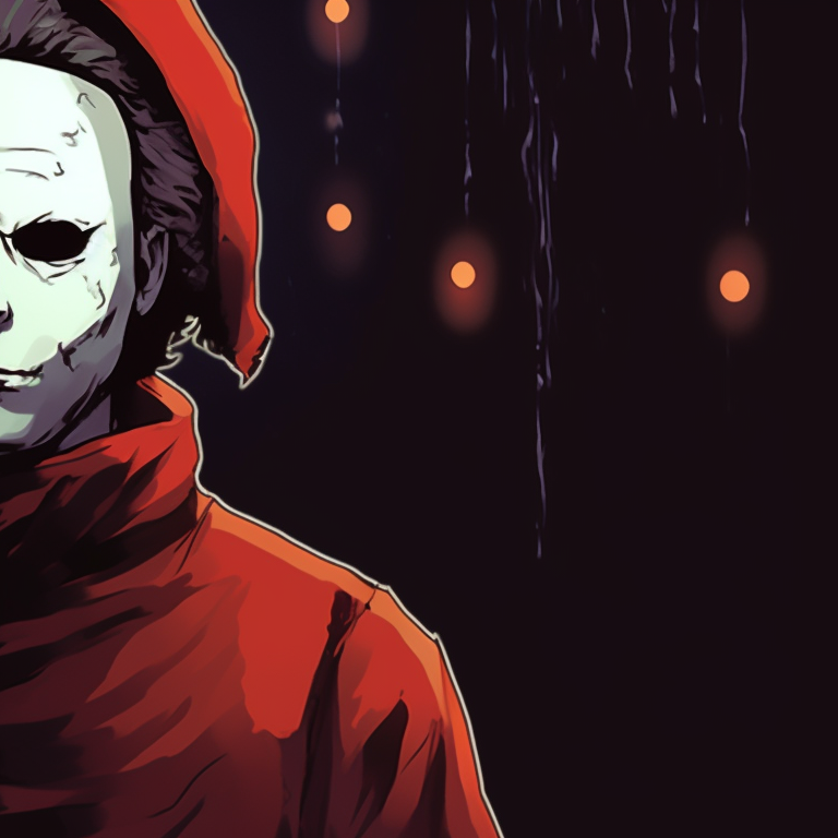 Michael Myers against a snowy backdrop, warm lights inside the windows behind, a chilling contrast to his menacing figure. festive michael myers pfp pfp for discord.