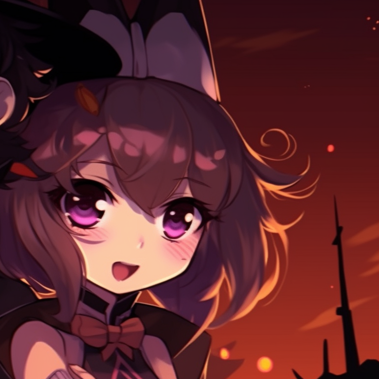 Two characters in quaint English-style clothing, aged stone and climbing ivy background cute matching pfp for couples halloween styled pfp for discord.