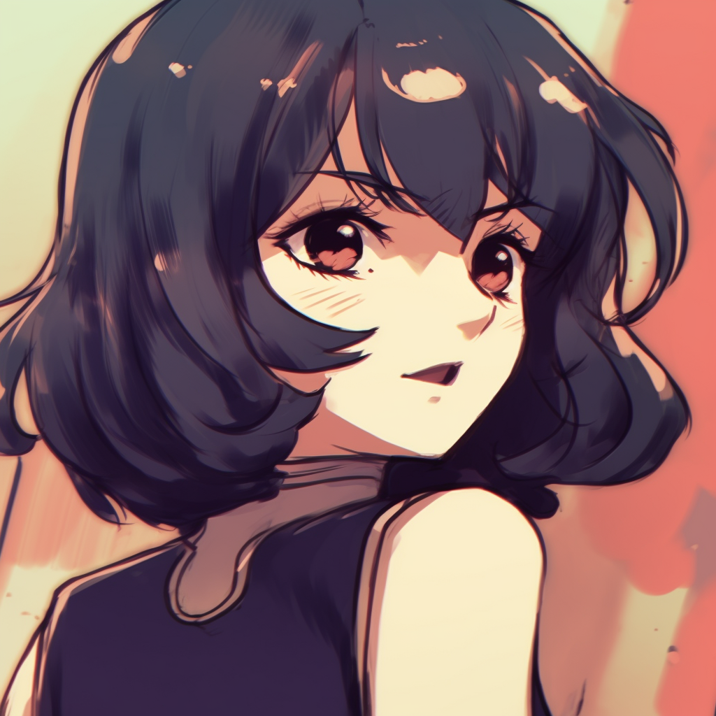 Profile shot of an anime character harboring an eerie smile, retro art style with distinct outlines. anime arousing suspicion pfp pics