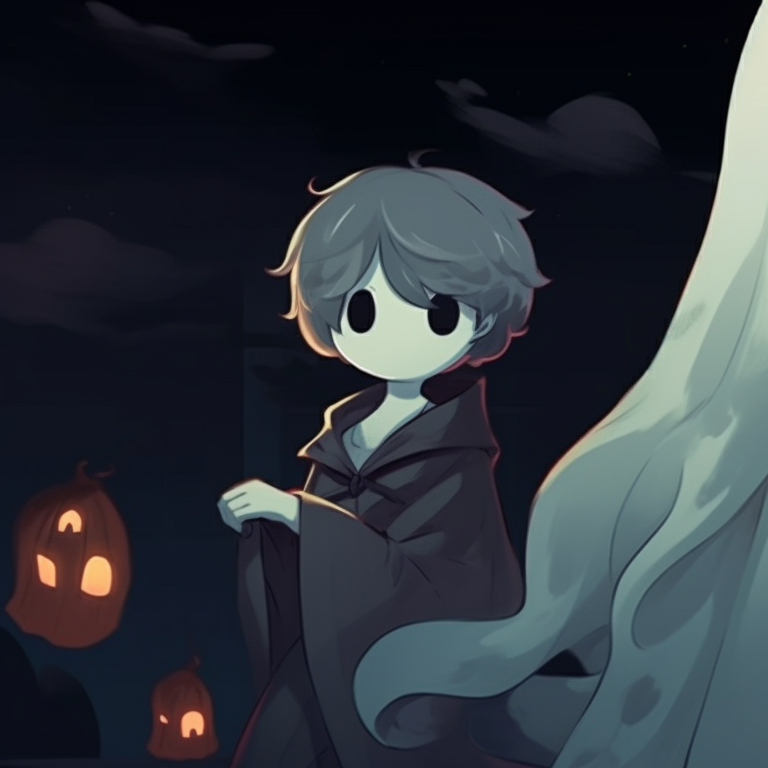 Two characters in ghostly attire, subdued hues and cloudy textures, standing back to back. matching pfp not cringe halloween theme cartoon pfp for discord.