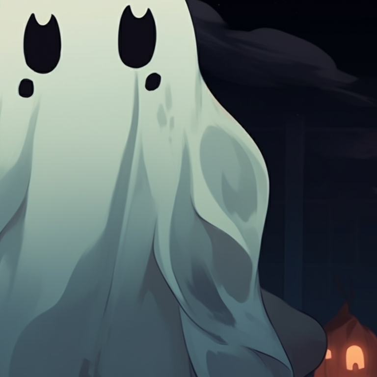 Two characters in ghostly attire, subdued hues and cloudy textures, standing back to back. matching pfp not cringe halloween theme cartoon pfp for discord.