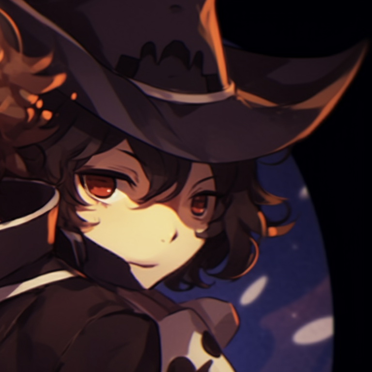 Dazai and Chuuya in witch robes, with pointy hats and broomsticks, set against a full moon. The image has striking contrasts of rich, dark colors. dazai chuuya halloween pfp pfp for discord.