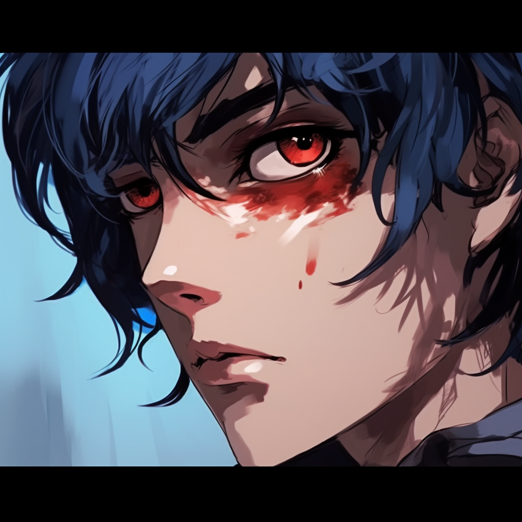 Close-up of male anime character's piercing gaze, highlighting detailed linework and dramatic shadows. pfp anime eyes male art