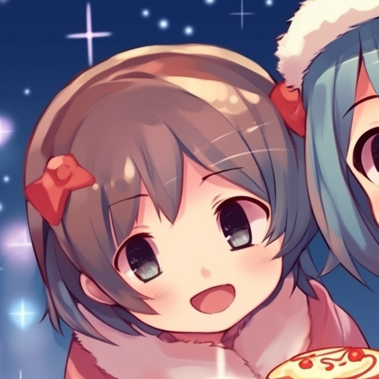 Two characters dressed in matching warm outfits, with a warm-hued background, exuding a cozy feeling. kawaii matching christmas pfp - anime style pfp for discord.