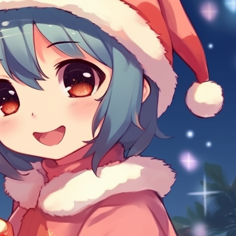 Two characters dressed in matching warm outfits, with a warm-hued background, exuding a cozy feeling. kawaii matching christmas pfp - anime style pfp for discord.