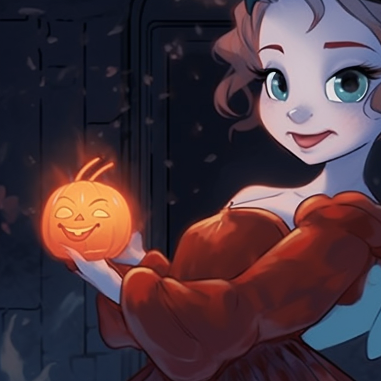 Snow White character in her laced Halloween costume, earthy colors with high contrast, a spooky-themed castle seen in the background. disney halloween matching pfp - for girls pfp for discord.