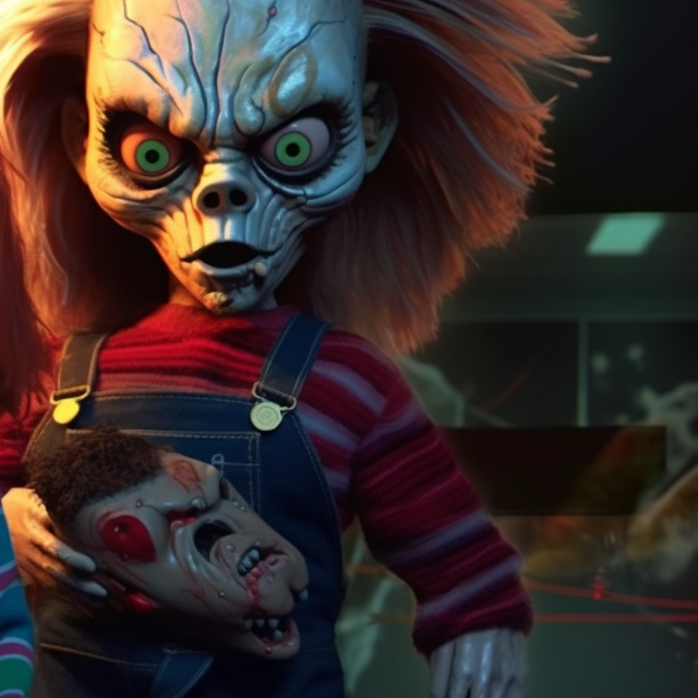 Chucky and Tiffany in eerie colors, holding wicked weapons. chucky and tiffany pfp ideas pfp for discord.