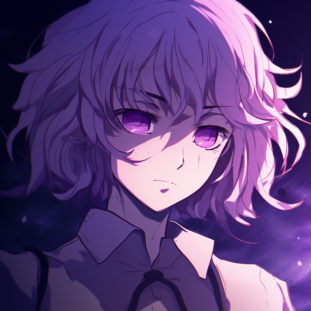 Machi from Hunter x Hunter, moonlight aura, soft gradients and delicate lines. anime purple pfp highlights pfp for discord.