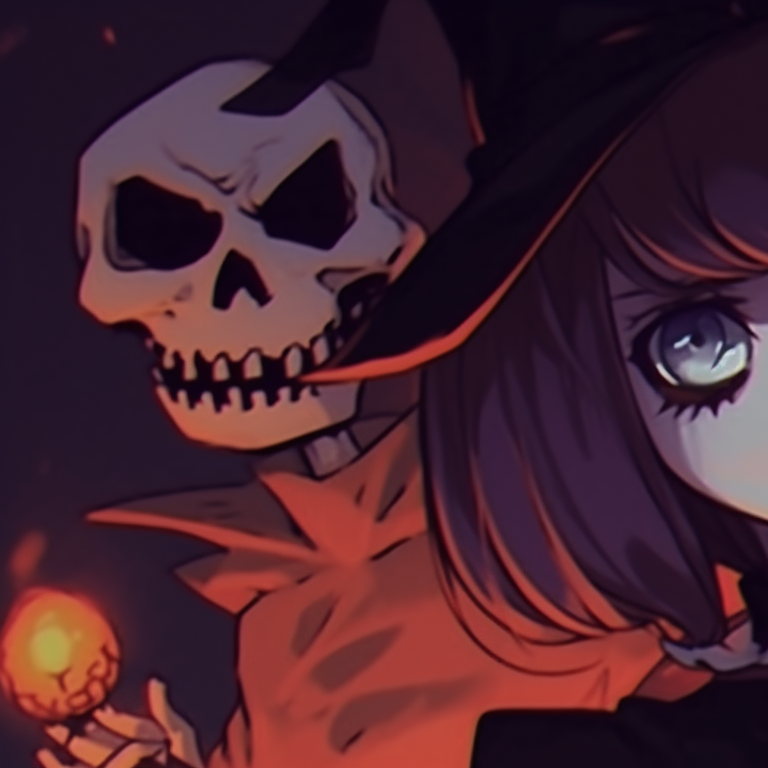 Two characters dressed alike, dark, catchy colors and a Halloween vibe. spooky halloween matching pfps - sad and gloomy pfp for discord.