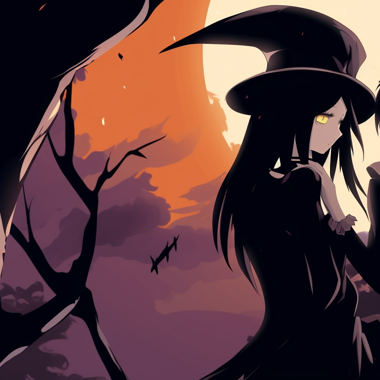 Twin witches with broomsticks illustrated, vivid orange and midnight blue color palette. dark matching pfp halloween theme designs pfp for discord.