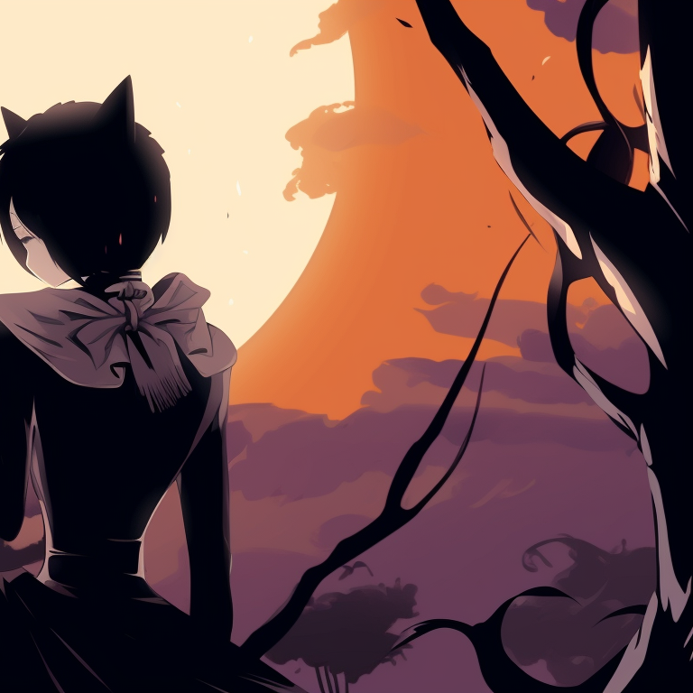 Twin witches with broomsticks illustrated, vivid orange and midnight blue color palette. dark matching pfp halloween theme designs pfp for discord.