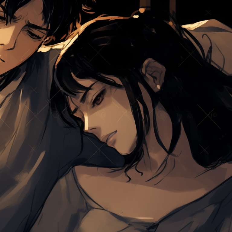 Lady K comforting the sick man, detailed facial expressions and rich color palette. lady k and the sick man matching pfp books pfp for discord.