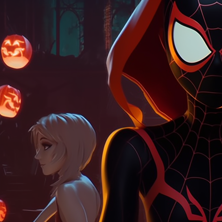 Gwen and Miles in a pumpkin patch, earth tones and warm lighting. spiderverse gwen and miles matching pfp pfp for discord.
