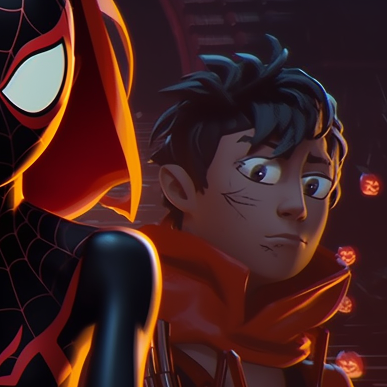 Gwen and Miles in a pumpkin patch, earth tones and warm lighting. spiderverse gwen and miles matching pfp pfp for discord.