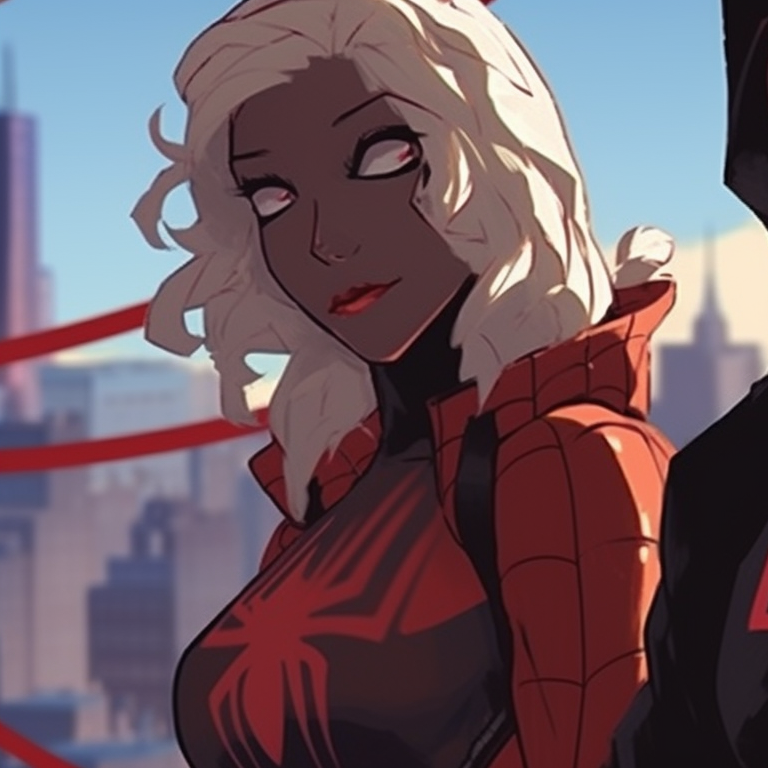 Gwen and Miles in dynamic fighting stances, with intense expressions. miles and gwen matching pfp personalities pfp for discord.